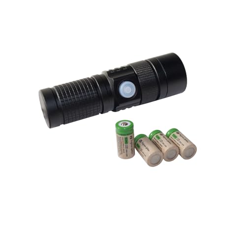 Professor Optiken wiederaufladbare Mini LED Taschenlampe/USB-Taschenlampe CR123A inkl. CR123A CR123 16340 CR17345 DL123A Lithium-Ionen-Akku, 3,7 Volt, Arlo (inkl. 4x CR123 mit PIN) von Professor Optiken