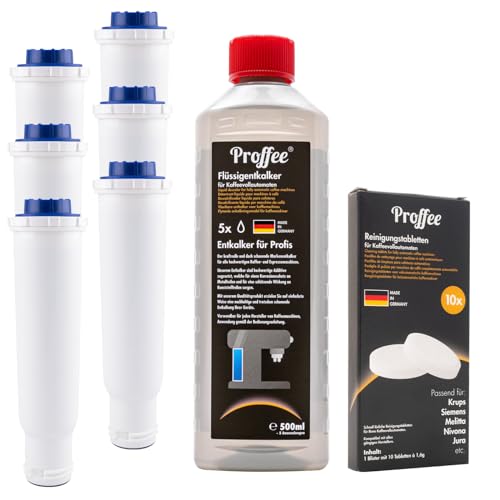 Pflege-Set für Krups, Melitta, Nivona Kaffeevollautomaten | 6x Metis Wasserfilter, 500ml Flüssigentkalker, 10x Kaffeefettlöser von Proffee | MADE IN EU von Proffee
