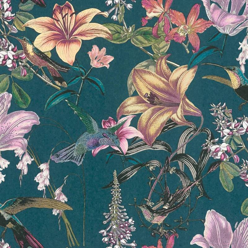 PROFHOME 377012-GU Blumen Tapete Kolibri Matt Blau petrol Orange-Gelb 0,53 m x 10,05 m 5,33 m2 Blau von Profhome