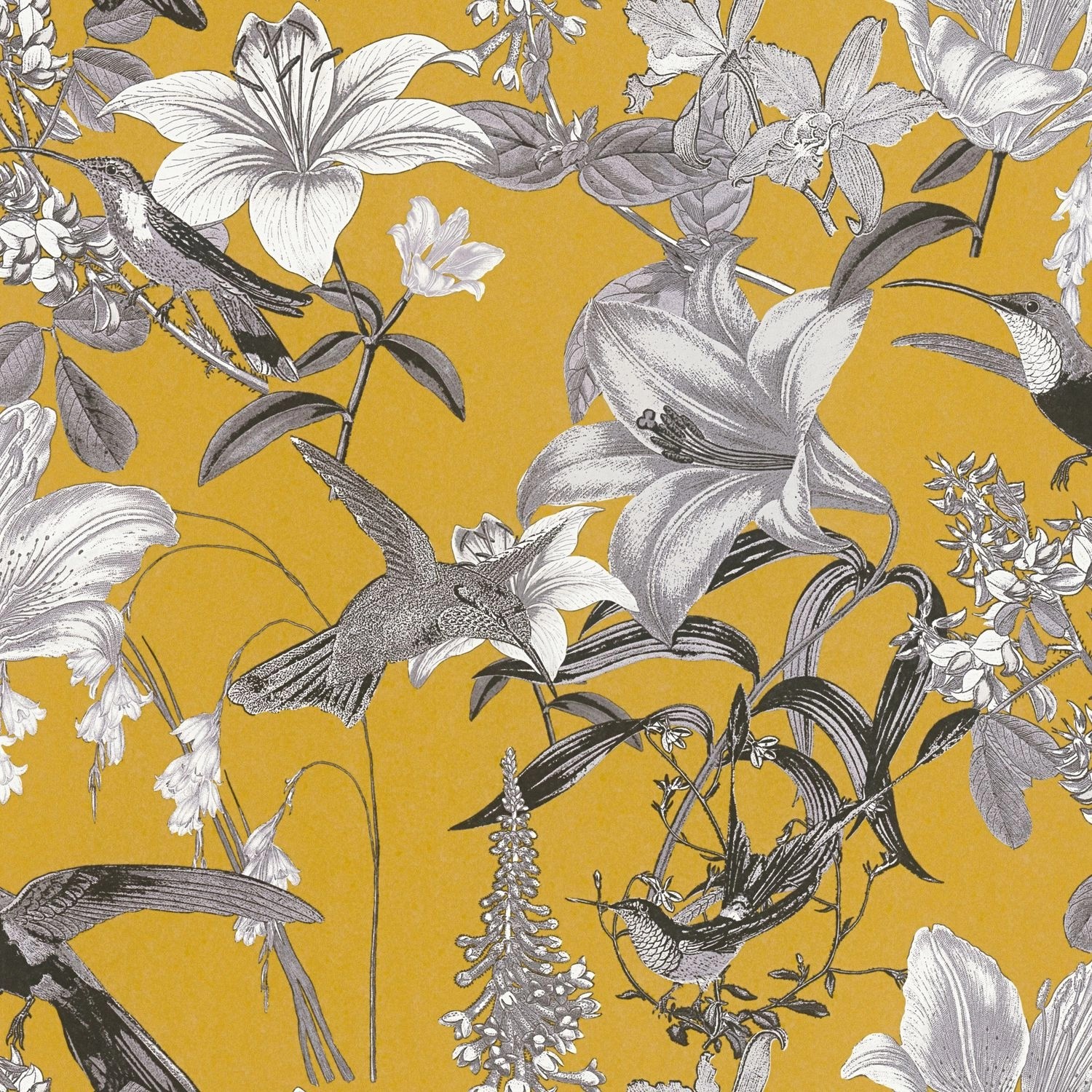 PROFHOME 377013-GU Blumen Tapete Kolibri Matt Gelb Grau Schwarz 0,53 m x 10,05 m 5,33 m2 Gelb von Profhome