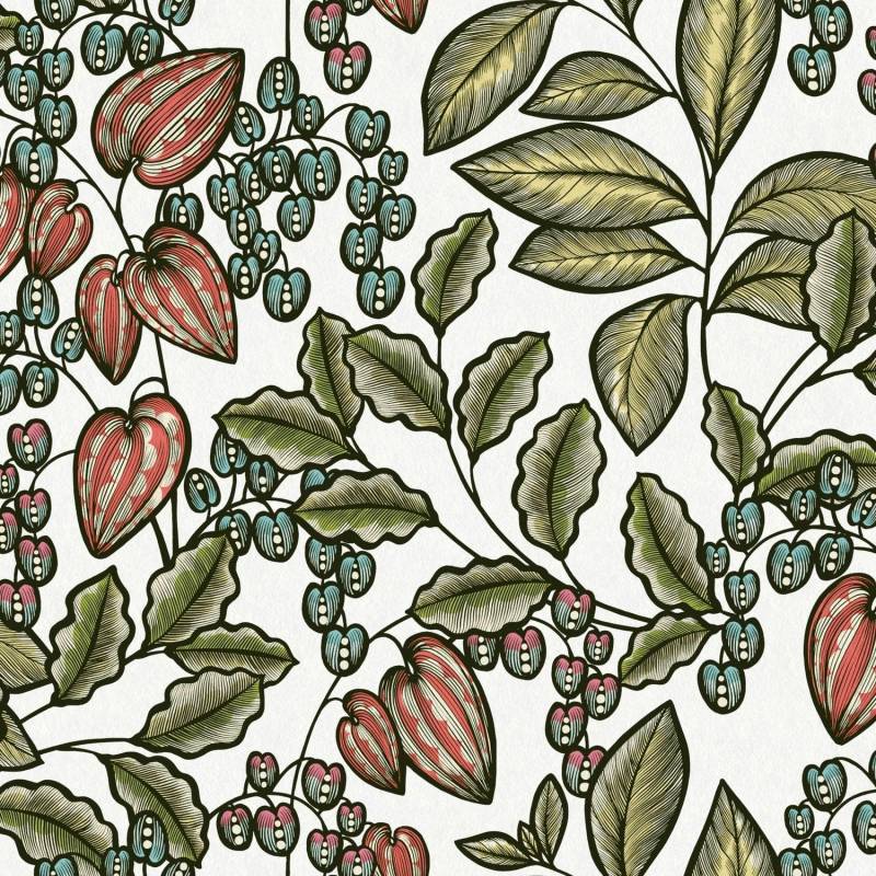 PROFHOME 377545-GU Blumen Tapete Floral Matt Weiß Oliv-Grün Rot 0,53 m x 10,05 m 5,33 m2 Weiß von Profhome