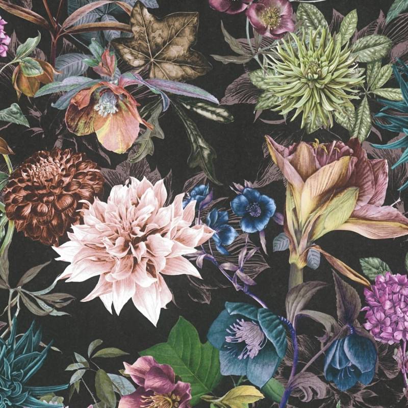 PROFHOME 381757-GU Blumen Tapete Floral Matt Schwarz Rosa Türkis oliv 0,53 m x 10,05 m 5,33 m2 Schwarz von Profhome