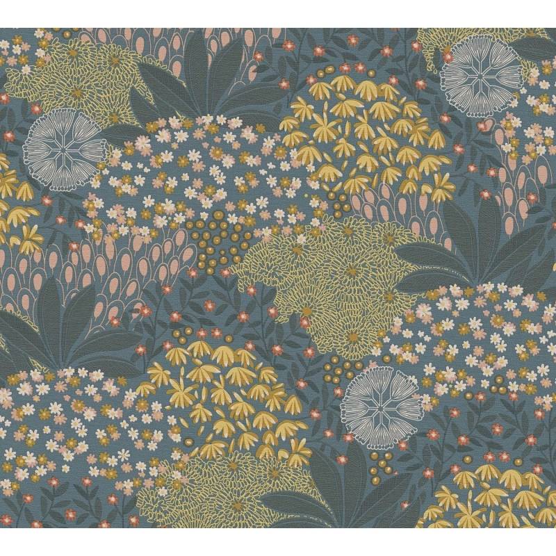 PROFHOME 387404-GU Blumen Tapete Floral Matt Türkis Petrol Gelb 0,53 m x 10,05 m 5,33 m2 Türkis von Profhome
