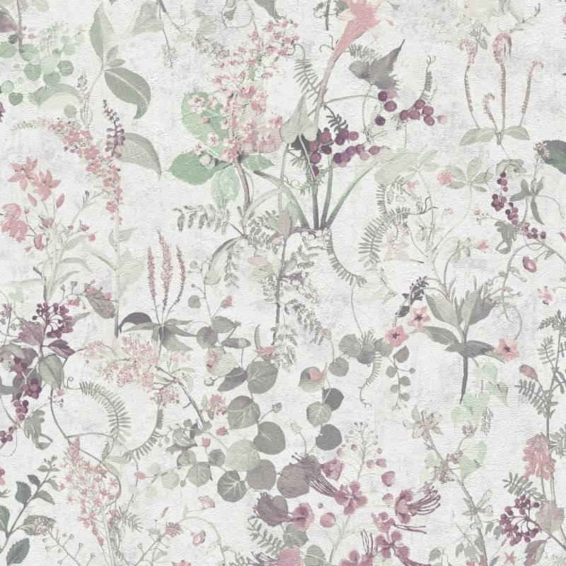 PROFHOME 388251-GU Blumen Tapete Floral Matt Weiß Grün Rosa Perl-Violett 0,53 m x 10,05 m 5,33 m2 Weiß von Profhome