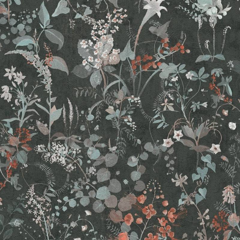 PROFHOME 388254-GU Blumen Tapete Floral Matt Schwarz Grau petrol Rot 0,53 m x 10,05 m 5,33 m2 Schwarz von Profhome