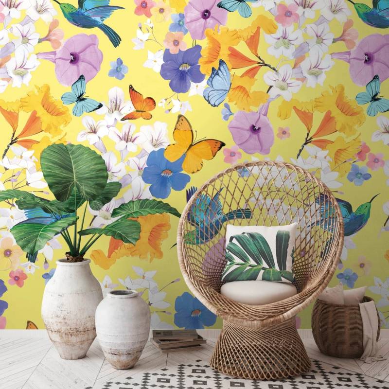 PROFHOME 391971-GU Fototapete Blumen Matt Gelb Blau Weiß Lila 1,59 m x 2,8 m 0,53 m x 8,80 m 4,45 m2 Gelb von Profhome