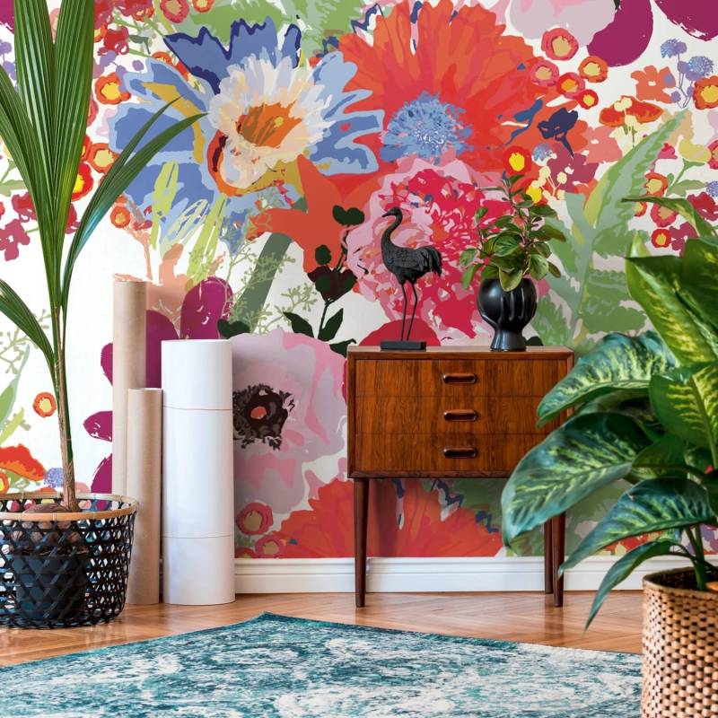 PROFHOME 392071-GU Fototapete Blumen Matt Weiß Rot Lila Grün 1,59 m x 2,8 m 0,53 m x 8,80 m 4,45 m2 Weiß von Profhome