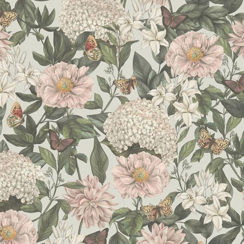 PROFHOME 394264-GU Blumen Tapete Floral Matt Grau Weiß Grün bordeaux 0,53 m x 10,05 m 5,33 m2 Grau von Profhome