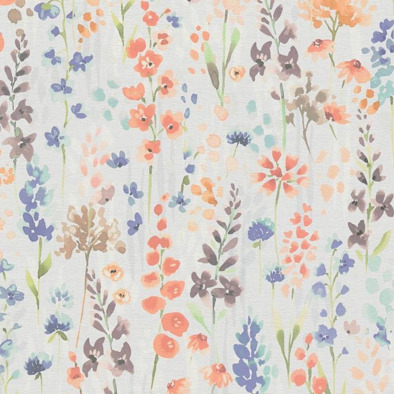 PROFHOME 396063-GU Blumen Tapete Aquarell-Stil Grau Orange Braun Blau 0,53 m x 10,05 m 5,33 m2 Grau von Profhome