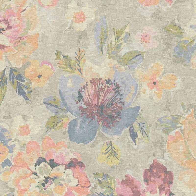 PROFHOME 396072-GU Blumen Tapete Aquarell-Stil Matt Grau Pink Blau Gelb 0,53 m x 10,05 m 5,33 m2 Grau von Profhome