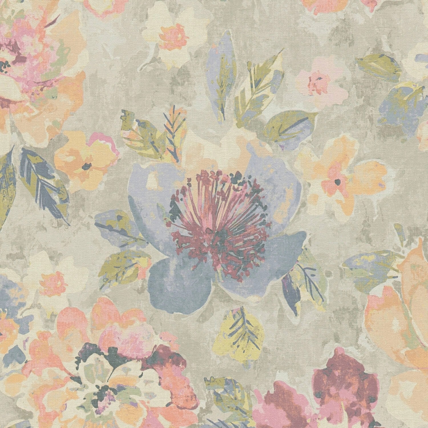 PROFHOME 396072-GU Blumen Tapete Aquarell-Stil Matt Grau Pink Blau Gelb 0,53 m x 10,05 m 5,33 m2 Grau von Profhome