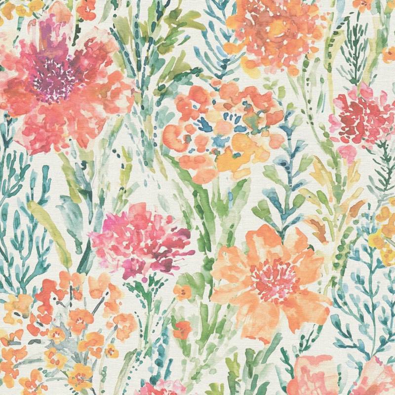 PROFHOME 396951-GU Blumen Tapete Aquarell-Stil Matt Weiß Rot Orange Grün 0,53 m x 10,05 m 5,33 m2 Weiß von Profhome