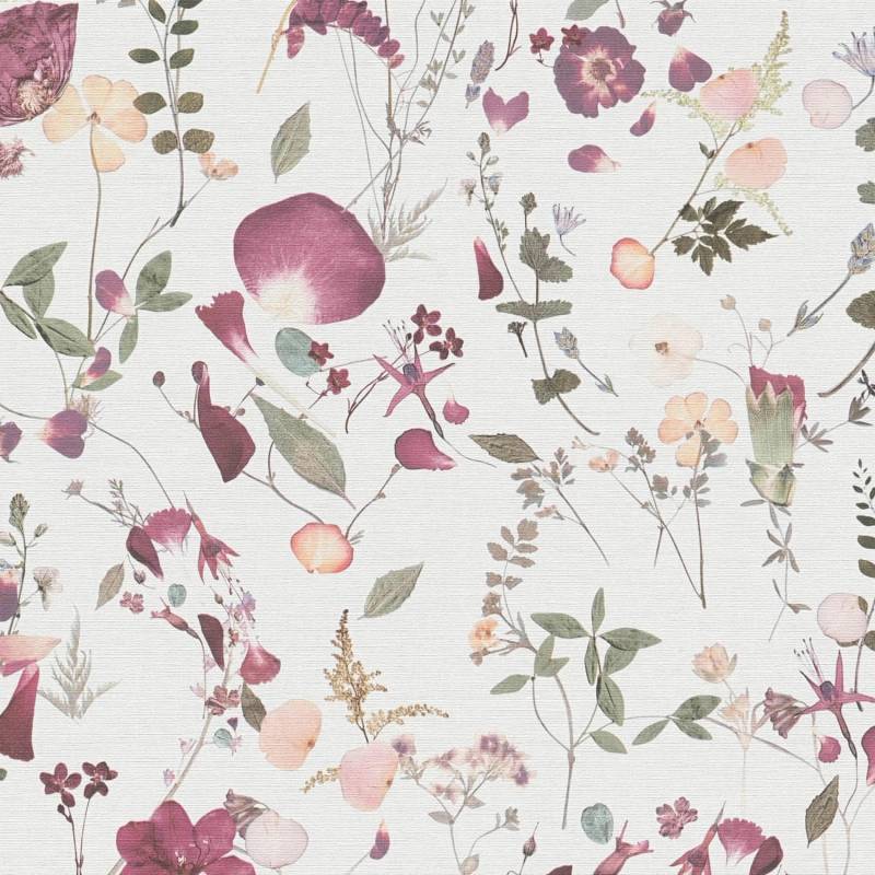 PROFHOME 397461-GU Blumen Tapete Floral Matt Weiß Violett Rosa Grün 0,53 m x 10,05 m 5,33 m2 Weiß von Profhome