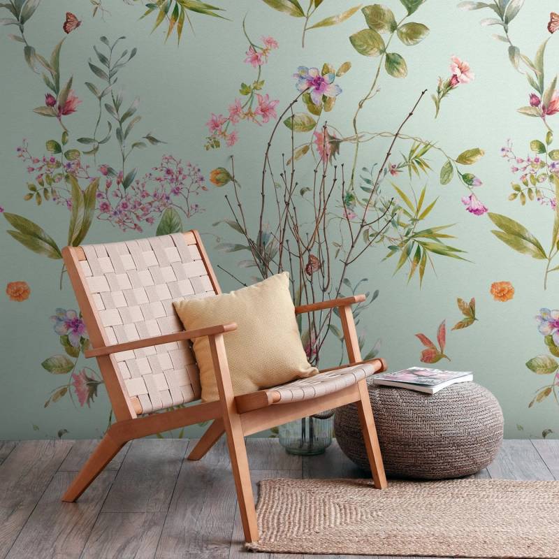 PROFHOME 398811-GU Fototapete Blumen Matt Blau Grün Rosa Orange 1,59 m x 2,8 m 0,53 m x 8,80 m 4,45 m2 Blau von Profhome