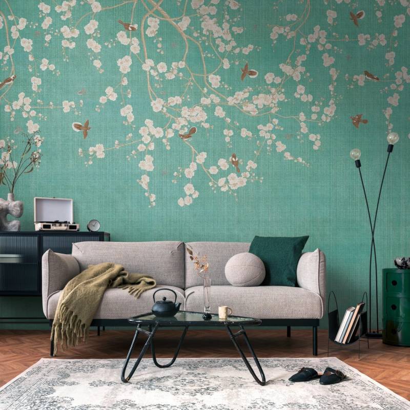 PROFHOME 399211-GU Fototapete Blumen Blau Creme-Weiß Beige Grau 3,71 m x 2,8 m 0,53 m x 20,10 m 10,39 m2 Blau von Profhome