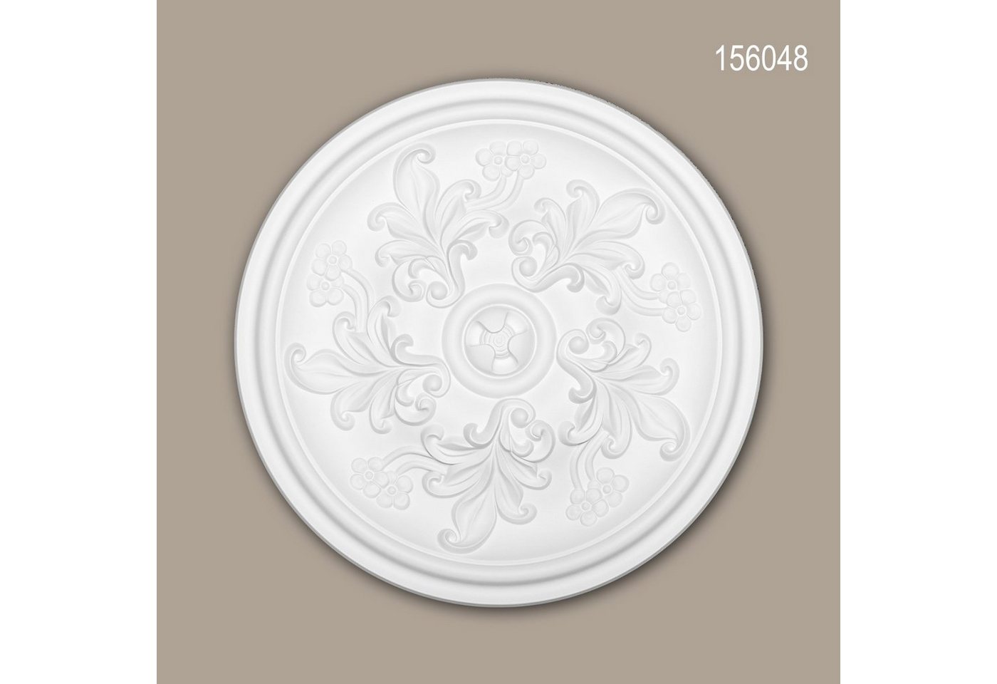 Profhome Decken-Rosette 156048 (Rosette, 1 St., Deckenrosette, Medallion, Stuckrosette, Deckenelement, Zierelement, Durchmesser 36,4 cm), weiß, vorgrundiert, Stil: Rokoko / Barock von Profhome