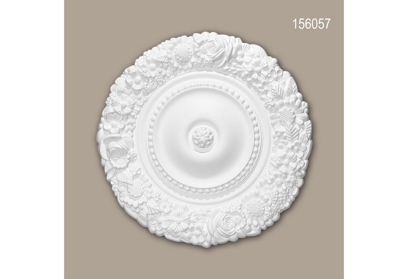 Profhome Decken-Rosette 156057 (Rosette, 1 St., Deckenrosette, Medallion, Stuckrosette, Deckenelement, Zierelement, Durchmesser 54,5 cm), weiß, vorgrundiert, Stil: Rokoko / Barock von Profhome