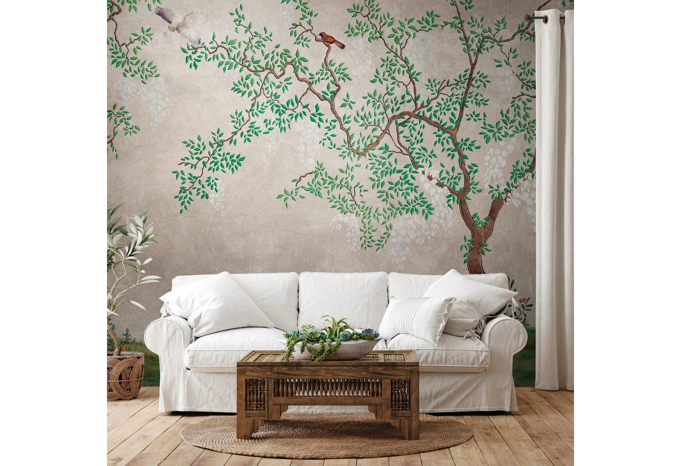 Profhome Vliestapete 382331-GU Fototapete Vogelmuster grau grün beige weiß 3,71 m x 2,8 m, glatt, matt, (1 Rolle, 10.39 qm), heißgeprägte Vliestapete in grau von Profhome