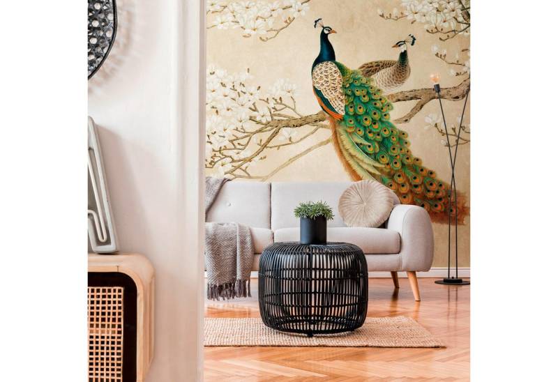 Profhome Vliestapete 382361-GU Fototapete Vogelmuster beige weiß orange grün 3,71 m x 2,8 m, glatt, matt, (1 Rolle, 10.39 qm), heißgeprägte Vliestapete in beige von Profhome