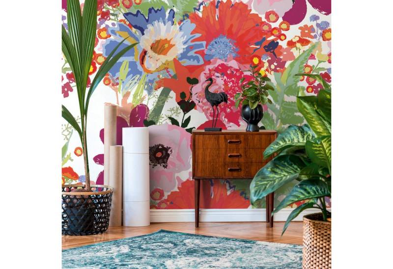 Profhome Vliestapete 392071-GU Fototapete Blumen matt weiß rot lila grün 1,59 m x 2,8 m, glatt, matt, (1 Rolle, 4.45 qm), heißgeprägte Vliestapete in weiß von Profhome