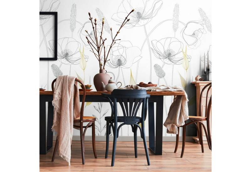 Profhome Vliestapete 392121-GU Fototapete Blumen matt weiß schwarz gelb 1,59 m x 2,8 m, glatt, matt, (1 Rolle, 4.45 qm), heißgeprägte Vliestapete in weiß von Profhome