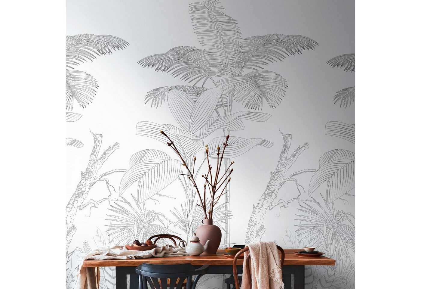Profhome Vliestapete 392141-GU Fototapete Dschungel matt schwarz weiß 1,59 m x 2,8 m, glatt, matt, (1 Rolle, 4.45 qm), heißgeprägte Vliestapete in schwarz von Profhome