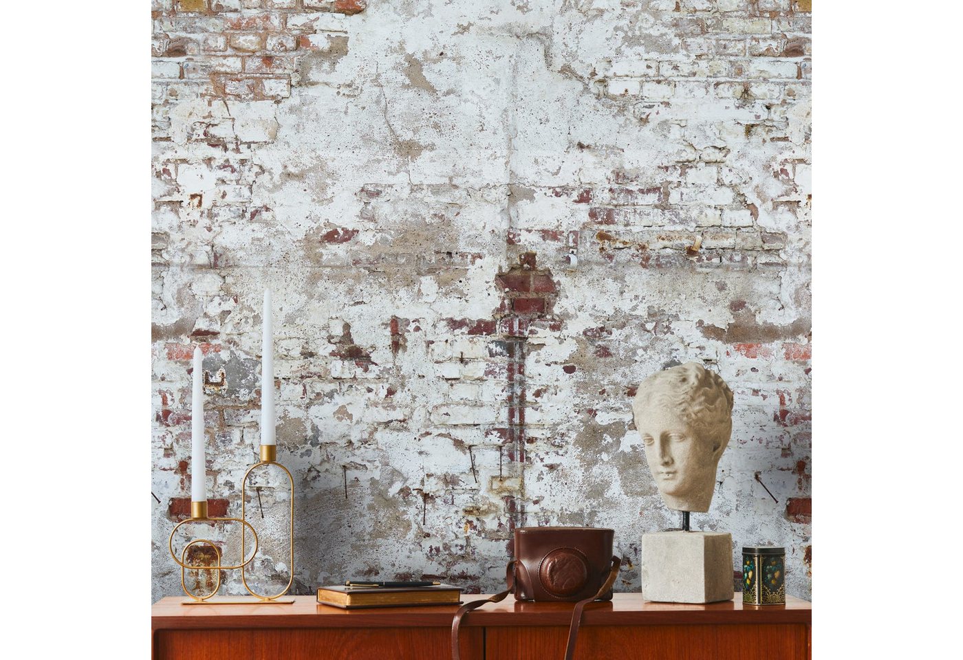 Profhome Vliestapete 392381-GU Fototapete Ziegelstein weiß creme grau braun 1,59 m x 2,8 m, glatt, matt, (1 Rolle, 4.45 qm), heißgeprägte Vliestapete in weiß von Profhome