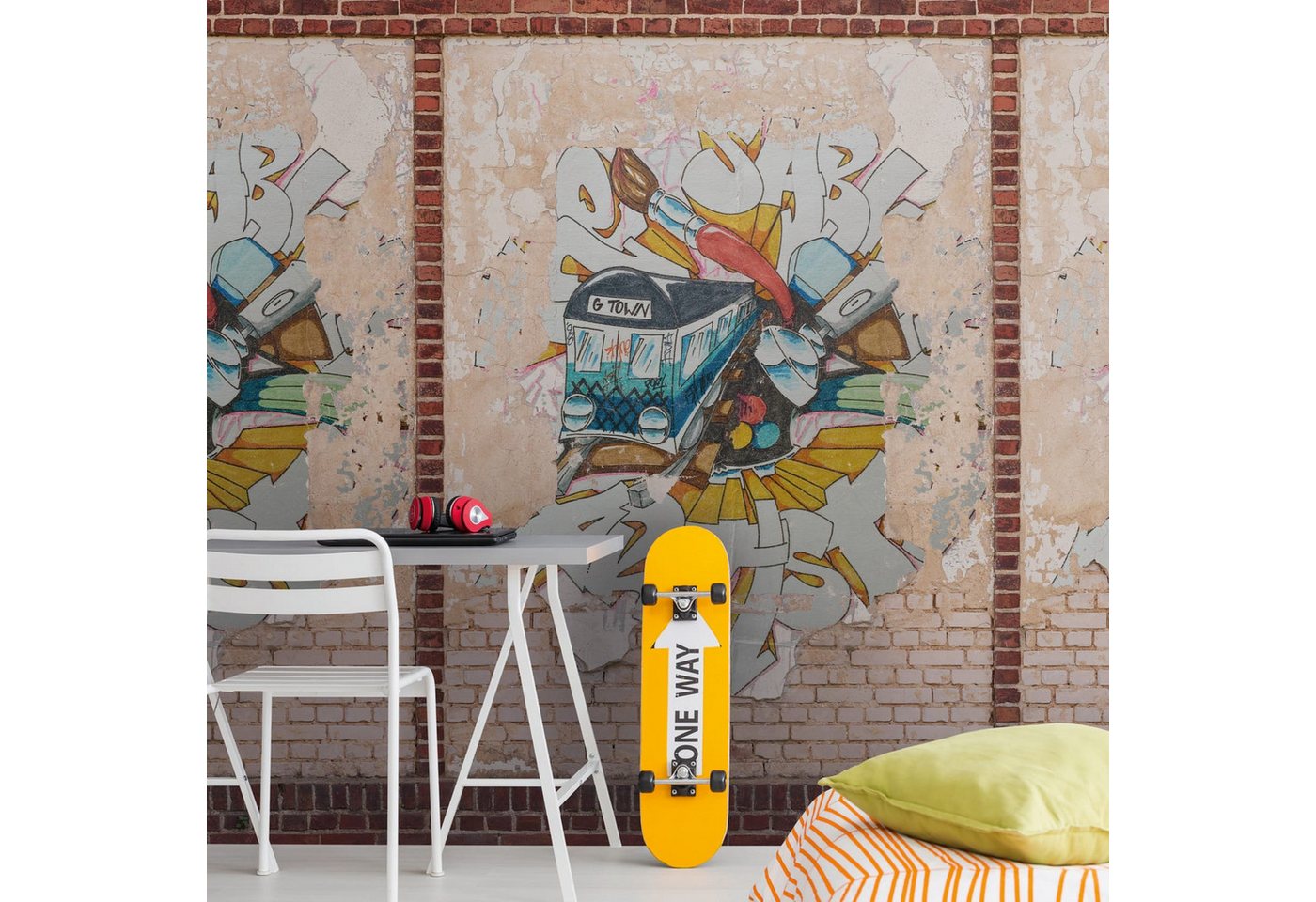 Profhome Vliestapete 392401-GU Fototapete Ziegelstein braun beige rot blau 1,59 m x 2,8 m, glatt, matt, (1 Rolle, 4.45 qm), heißgeprägte Vliestapete in braun von Profhome