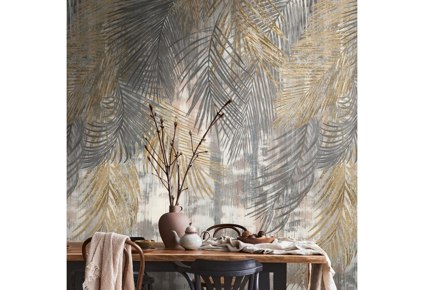 Profhome Vliestapete 392611-GU Fototapete Palmen matt grau gelb beige weiß 1,59 m x 2,8 m, glatt, matt, (1 Rolle, 4.45 qm), heißgeprägte Vliestapete in grau von Profhome
