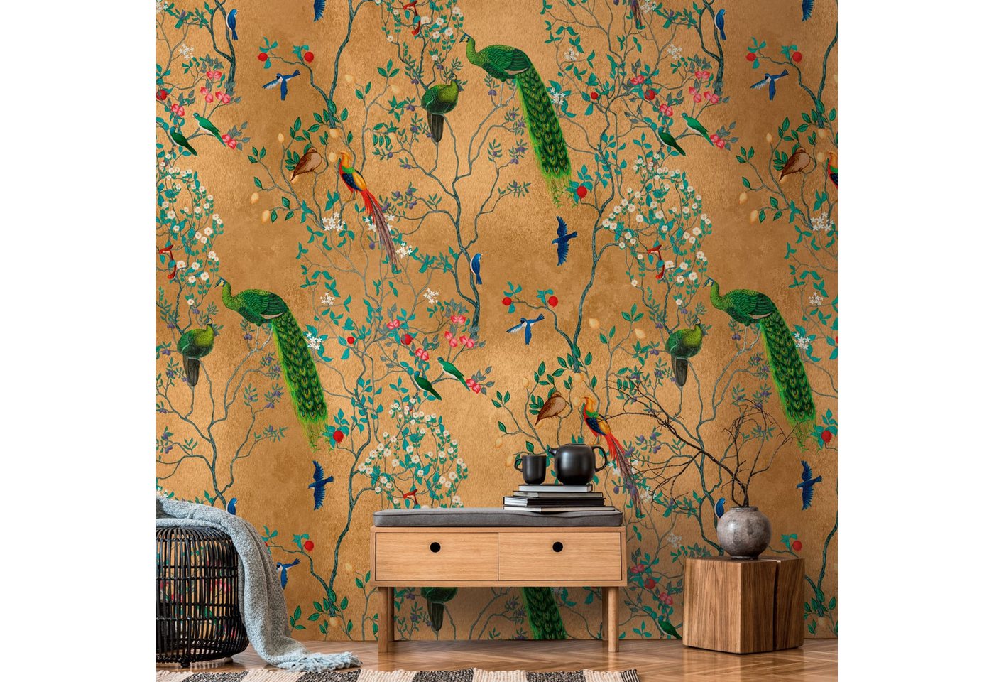 Profhome Vliestapete 398821-GU Fototapete Vogelmuster braun grün blau blau 1,59 m x 2,8 m, glatt, matt, (1 Rolle, 4.45 qm), heißgeprägte Vliestapete in braun von Profhome