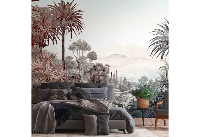 Profhome Vliestapete 399031-GU Dschungel matt braun blau weiß weiß 3,71 m x 2,8 m, glatt, matt, (1 Rolle, 10.39 qm), heißgeprägte Vliestapete in braun von Profhome