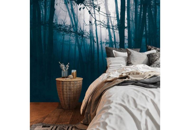 Profhome Vliestapete 399091-GU Fototapete Wald matt blau schwarz 3,71 m x 2,8 m, glatt, matt, (1 Rolle, 10.39 qm), heißgeprägte Vliestapete in blau von Profhome