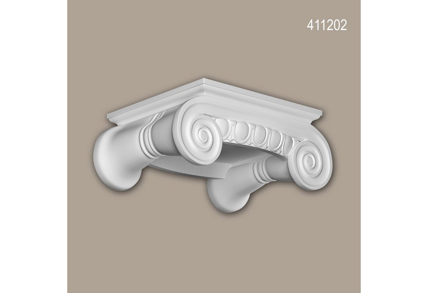 Profhome Wanddekoobjekt 411202 (Vollsäulen Kapitell, 1 St., Fassadenstuck, Säule, Zierelement, Außenstuck), weiß, vorgrundiert, für Fassadendekoration, Stil: Ionisch von Profhome