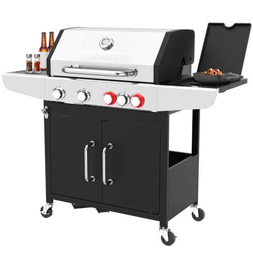 ProfiCook® Gasgrill für Temperaturen bis zu 450°C | 2 Power-Zonen + Side-Burner | Roste aus echtem Gusseisen | Gasgrill 4 Brenner | Flaschenöffner | Temperaturanzeige | 4 Brenner | PC GG 1312 von Profi Cook