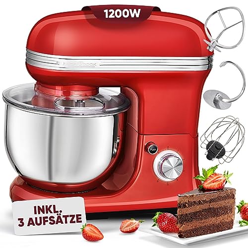ProfiCook® Küchenmaschine zum backen | Knetmaschine 5L mit starkem 1200W Motor | Teigmaschine inkl. Haken & Schneebesen | Retro Teigknetmaschine Spritzschutz mit Nachfüllöffnung | PC KM 1197 rot von Profi Cook