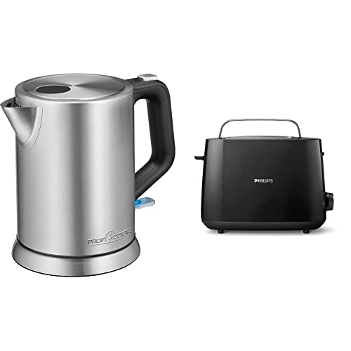 ProfiCook 501106 PC-WKS 1106 Edelstahl-Wasserkocher, 1 Liter, maximal 1850-2200 Watt, Wasserstandsanzeige, inox & Philips Toaster – 2 Toastschlitze, 8 Stufen, schwarz (HD2581/90) von Profi Cook