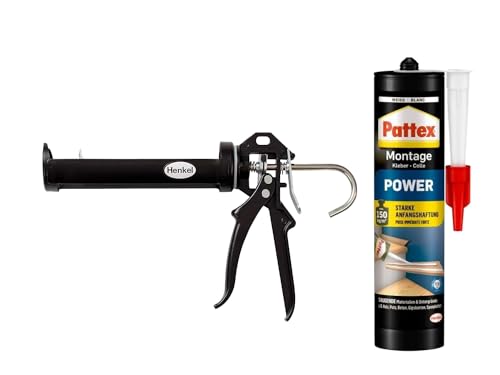 Pattex Montagekleber Power, mit starker Anfangshaftung, Kraftkleber für saugende Materialien für Innen und Außen, Weiß (1x370g) & Pattex Profi Metall Kartuschenpistole von Profi