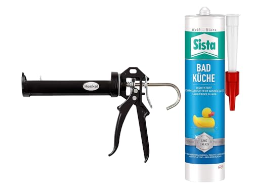 SISTA BAD KÜCHE weiß, Dichtstoff, schimmelresistent ausgestattetes, langlebiges Silikon, wasserdichter Fugenfüller (1x280ml) Kartusche & Pattex Profi Metall Kartuschenpistole von Profi