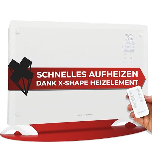 ProfiCare® Elektroheizung mit Glasfront & X-Shape Heizelement | mobiler Heizkörper auch für Wandmontage geeignet | Konvektor Heizung mit 2 Heizstufen | lautloses Heizen - 0dB | PC-GKH 3119 weiß von ProfiCare