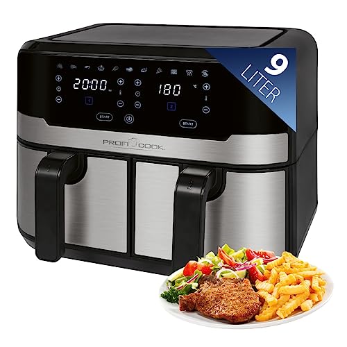 ProfiCook® Doppel-Heißluftfritteuse 9 Liter | XXL Heißluftfritteuse Doppelkammer | Frittieren mit heißer Luft ohne zusätzliches Öl | 9 Programme | Air Fryer mit Touchscreen | 2400W | PC-FR 1242 H von Profi Cook