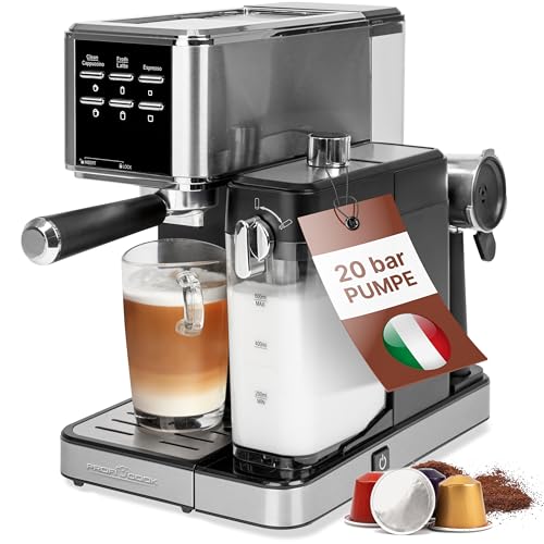 ProfiCook® Espressomaschine 2in1 | für Kaffeepulver und Nespresso kompatible Kapseln | Siebträgermaschine | 20 bar | Milchsystem für Milchkaffee und Cappuccino | Siebträger für Espresso | PC-ES 1266 von Profi Cook