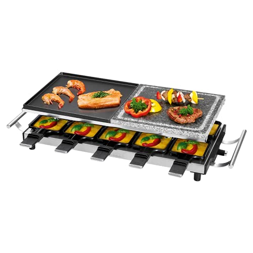 ProfiCook® Raclette 10 Personen mit heißem Naturgrillstein | Raclette antihaftbeschichtet | Raclette für 10 Personen | inkl. 10 Pfännchen & Holzspatel | Edelstahlgriff (wärmeisoliert) | PC-RG 1144 von ProfiCook