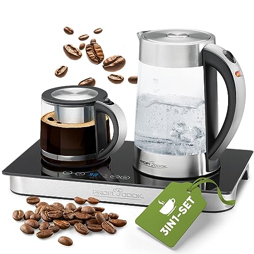 ProfiCook® Tee und Kaffeestation in Einem | 1,7 Liter hitzebeständiger Wasserkocher | Teekanne aus Glas 0,8 Liter | Warmhaltefunktion |Temperatureinstellung u. Sensor-Touch-Bedienfeld | PC-TKS 1056 von Profi Cook