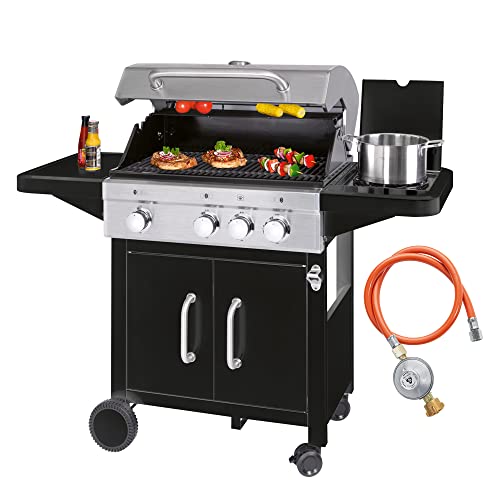 ProfiCook® Gasgrill 3 Brenner + 1 Seitenbrenner, Gas Grill inkl. Gusseisen-Roste, Gasdruckminderer und Schlauch, für 5kg Gasflasche, Gasgrill mit Kochplatte und Temperaturanzeige, PC GG 1219 von Profi Cook