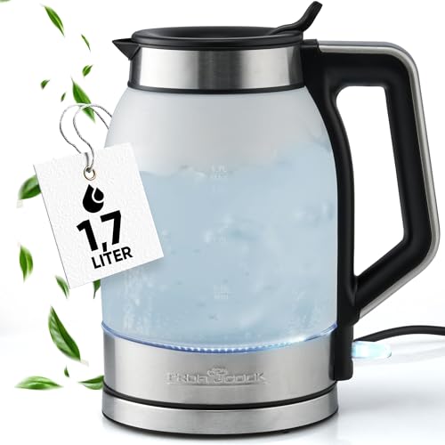 ProfiCook® Wasserkocher 1,7 Liter mit satiniertem Glas | blau beleuchteter Wassertank | Wasserkocher Glas mit 1,7L | Kettle mit selbstschließender Einfüllöffnung | BPA-frei | 2200W | PC-WKS 1215 G von Profi Cook