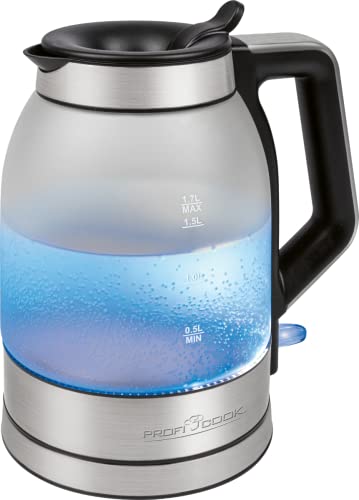 ProfiCook® Wasserkocher 1,7 Liter mit satiniertem Glas | blau beleuchteter Wassertank | Wasserkocher Glas mit 1,7L | Kettle mit selbstschließender Einfüllöffnung | BPA-frei | 2200W | PC-WKS 1215 G von Profi Cook