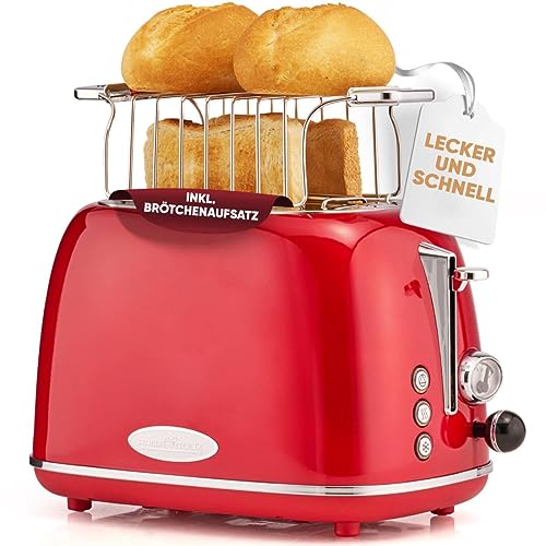 ProfiCook® Toaster im stilvollen Vintage-Design | Toaster 2 Scheiben mit Wide-Slot (extra breite Toastschlitze) und massivem Metallgehäuse | Retro Toaster mit Brötchenaufsatz | PC TA 1193 rot von Profi Cook