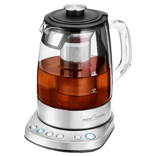 ProfiCook Glas Tee-/Wasserkocher | Wasserkocher | Teekocher | 2in1 | 1,5 Liter | Temperatureinstellung 45 °C bis 100 °C | herausnehmbarer Edelstahl-Teefilter | Warmhaltefunktion | PC-WKS 1167 G von Profi Cook