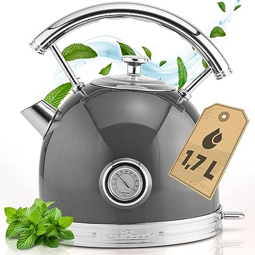 ProfiCook® Wasserkocher 1,7L im stilvollen Vintage-Design - Retro Wasserkocher mit massivem Metallgehäuse und Chrom-Applikationen - Wasserkocher mit Temperaturanzeige, 2200W - PC WKS 1192 anthrazit von Profi Cook