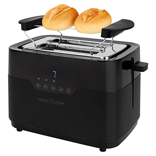 ProfiCook Toaster 2 Scheiben mit Brötchen Aufsatz und extra breitem Toast-Schlitz, Auftaufunktion, 7 einstellbare Bräunungsstufen Edelstahl gleichmäßige Toaster schwarz matt, PC-TA 1244 von Profi Cook